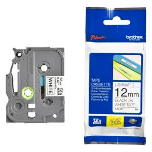 cinta brother tze 231 original – negro sobre blanco 12 mm x 8 m