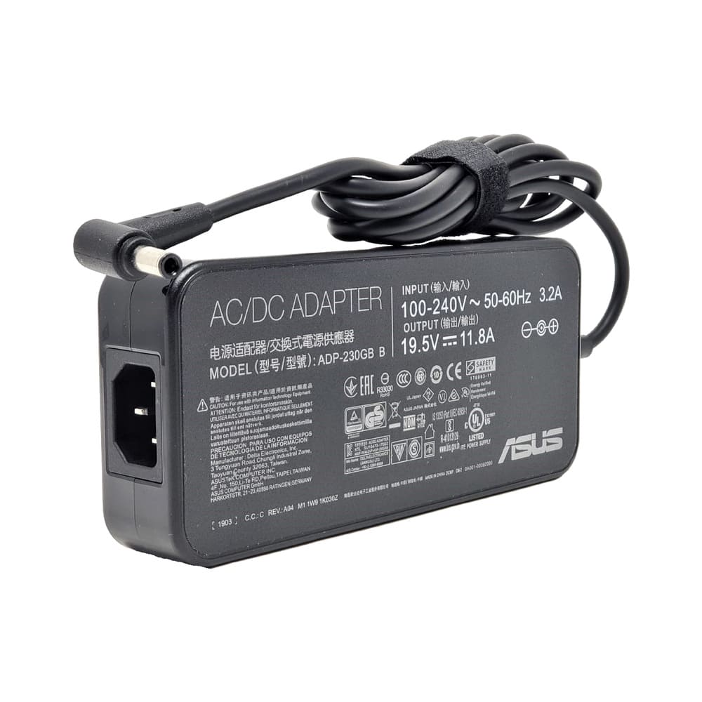 cargador asus 230w 195v 118a punta aguja Cargador ASUS 230W 19.5V 11.8A con conector punta aguja de 6.0 x 3.7 mm y pin central